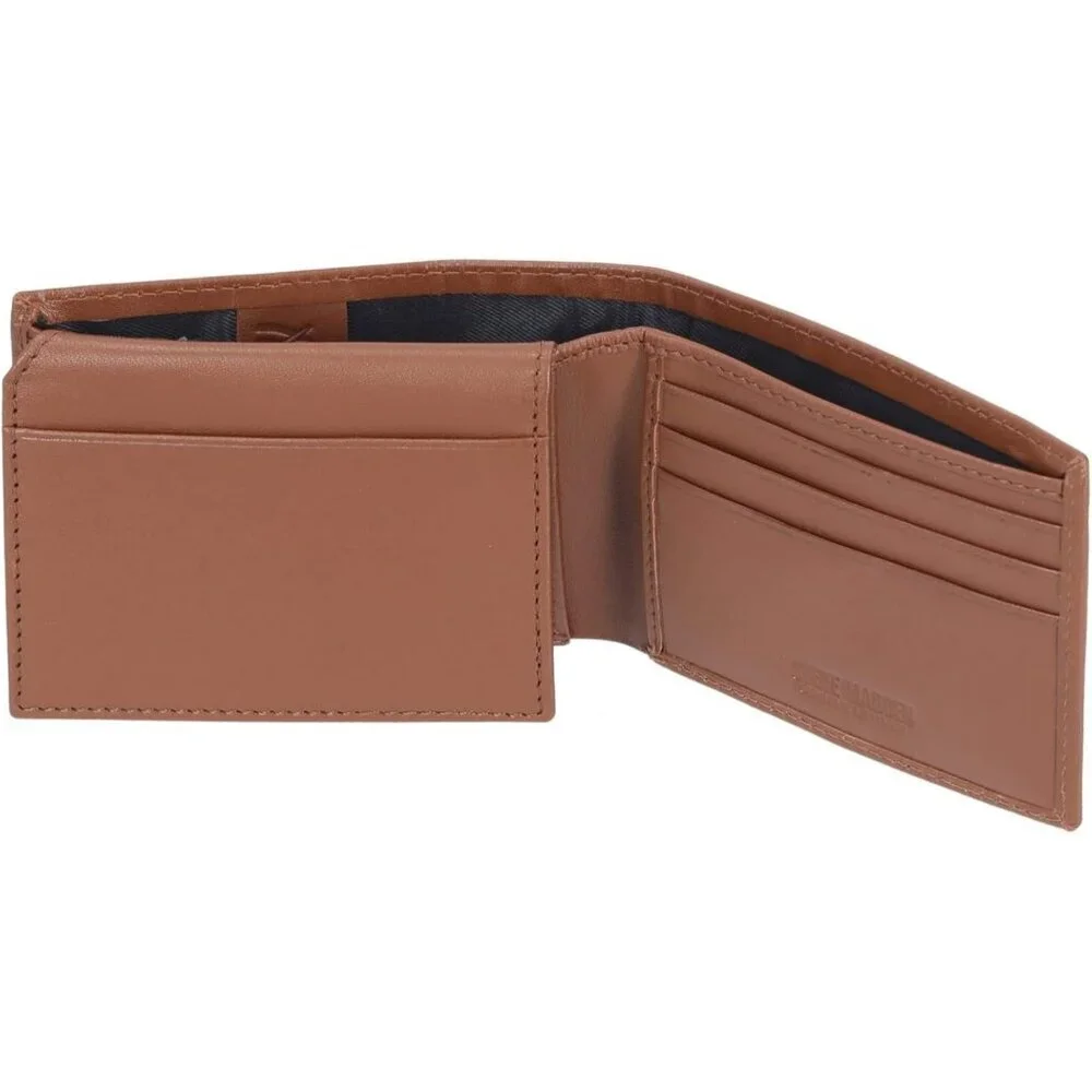 Men's Cognac Attached Flip Pockets Genuine Leather Wallet Card Extra Capacity